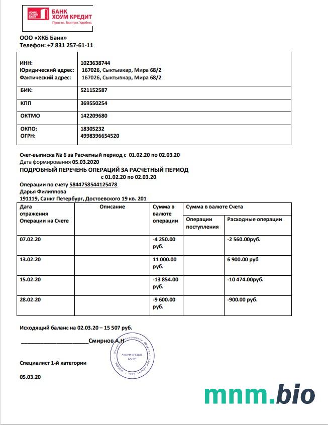 Rosja Home Credit wyciąg bankowy łatwy do wypełnienia szablon .xls i .format pliku pdf